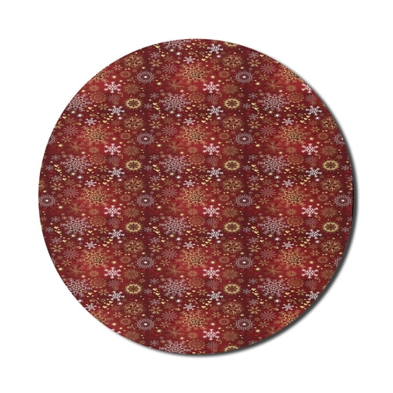 Christmas Mouse Pad for Computers, Ornate Snowflakes with Floral Swirls and Vivid Hearts Pattern, Round Non-Slip Thick Rubber Modern Gaming Mousepad, 8" Round, Red Yellow and White, by Ambesonne