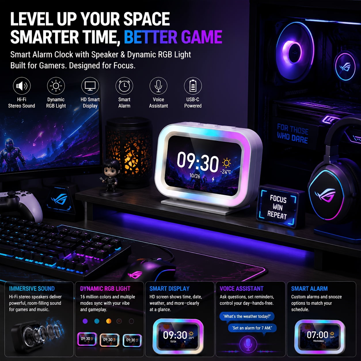 Smart Alarm Clock Speaker,Dynamic RGB Light,HD Touch Screen,HiFi Stereo Audio Player,Hands‑Free Call,Built‑in Voice Assistant,Digital Clock for Bedroom Dorm Gaming Room Decor