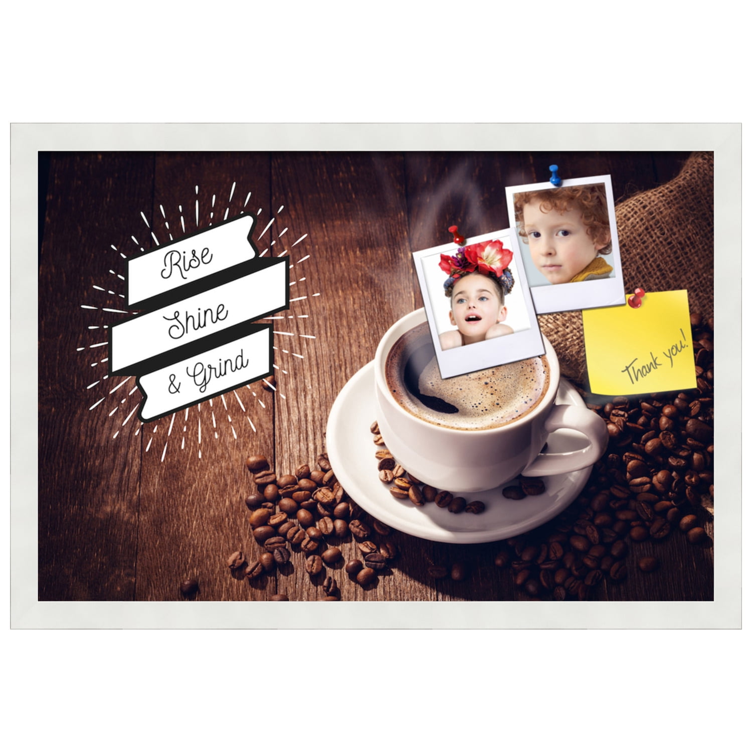PinPix 24x16 Custom Cork Bulletin Board Rise Shine and Grind Poster Board Has a Fabric Style Canvas Finish, Framed in Rise Shine and Grind, by ArtToFrames (PinPix-1488)