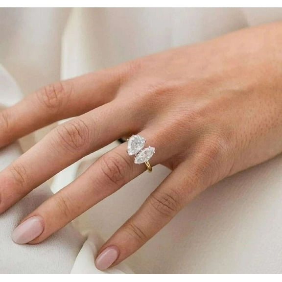 Jewelerix Toi Et Moi Pear & Marquise Cut Ring Plated Yellow Gold Moissanite Diamond Engagement Ring 2 CT Mother's Day Gift