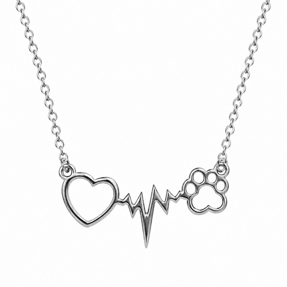 Women's Heartbeat Paw Print Necklace, Pet Lover Pendant, & Black Fashion Jewelry