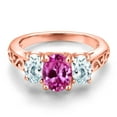 thumbnail image 3 of Gem Stone King 18K Rose Gold Plated Silver Pink Created Sapphire and Sky Blue Aquamarine Filigree Style 3 Stone Ring for Women (2.65 Cttw, Oval 8X6MM and 6X4MM) (Size 8), 3 of 6