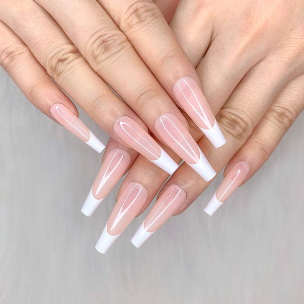 24pcs Press on Nails French Pink White Long Square Glossy Fake Nails