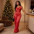 thumbnail image 7 of JULMCOMO Satin Jumpsuits for Women V Neck Sleeveless Dressy Jumpsuits Cinched Waist Wide Leg Evening Party Summer Outfits Red S, 7 of 7