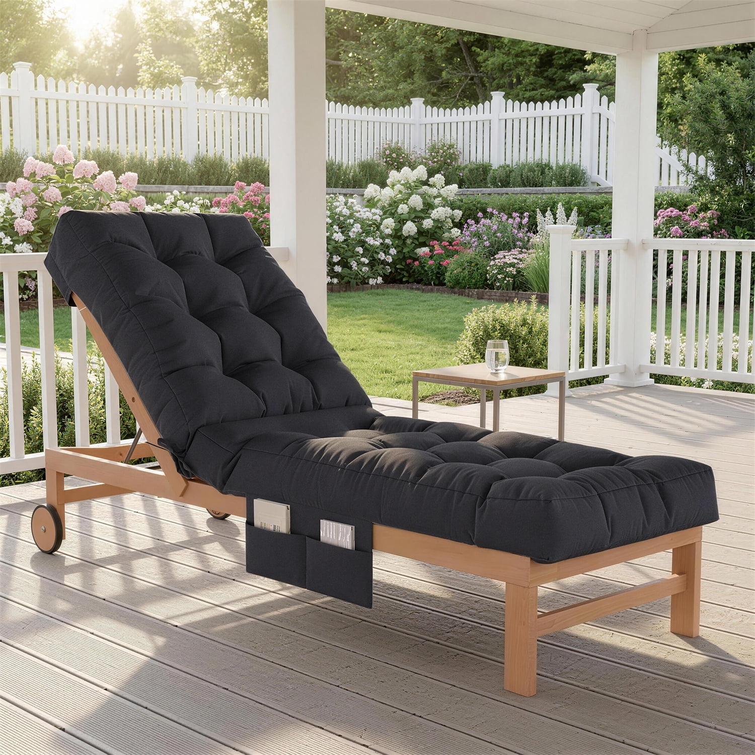 BaPiPro Black Outdoor Chaise Lounge Cushion with Side Pocket, Triple Non-Slip Fixation, All-Weather Durable & Soft Fabric, Thickened Padding, Ideal for Patio and Poolside Use
