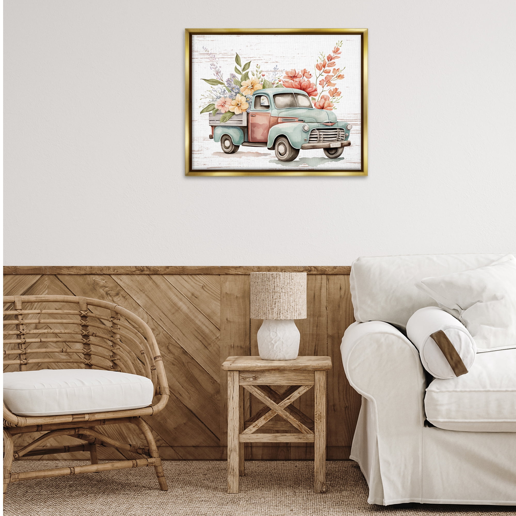 Stupell Industries Flower Blossom Truck Transportation Painting Gold Floater Framed Canvas Art Print Wall Art, 31 x 25