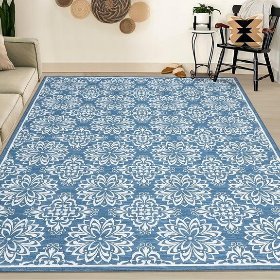 HOMERRY Indoor Washable 5' x 7' Area Rug Floral Rug for Living Room Non-Slip Floor Carpet for Bedroom, Blue