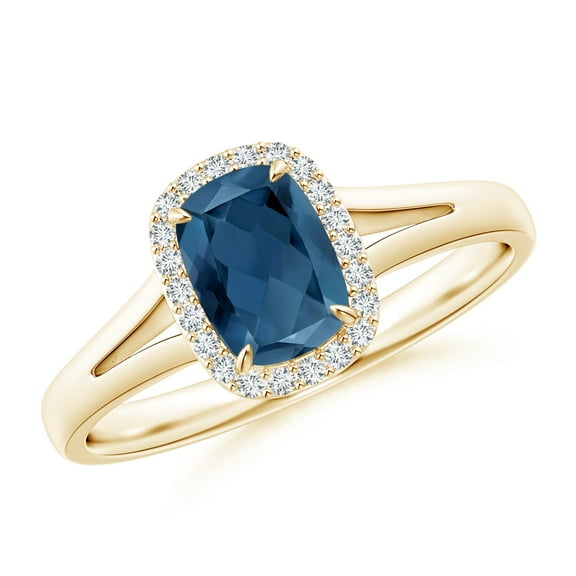 ANGARA Natural Claw-Set Cushion 1 ct London Blue Topaz Halo Split Shank Ring in 14K Yellow Gold for Women (Size-7x5mm) | November Birthstone Jewelry for Women | London Blue Topaz Ring (Ring Size- 7.5)