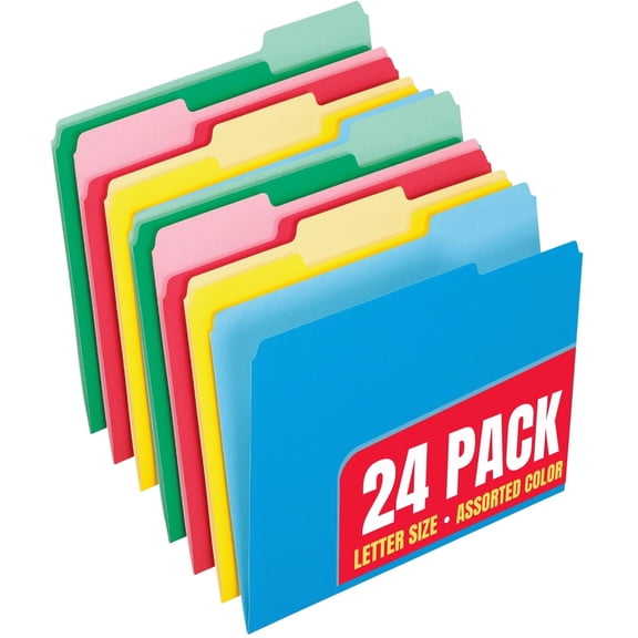 1InTheOffice Colored File Folders, Letter Size, 1/3 Cut Top-Tab, 3 Tabs, Assorted Colors, Expandable to 0.75" for Document Organization,  24-Pack