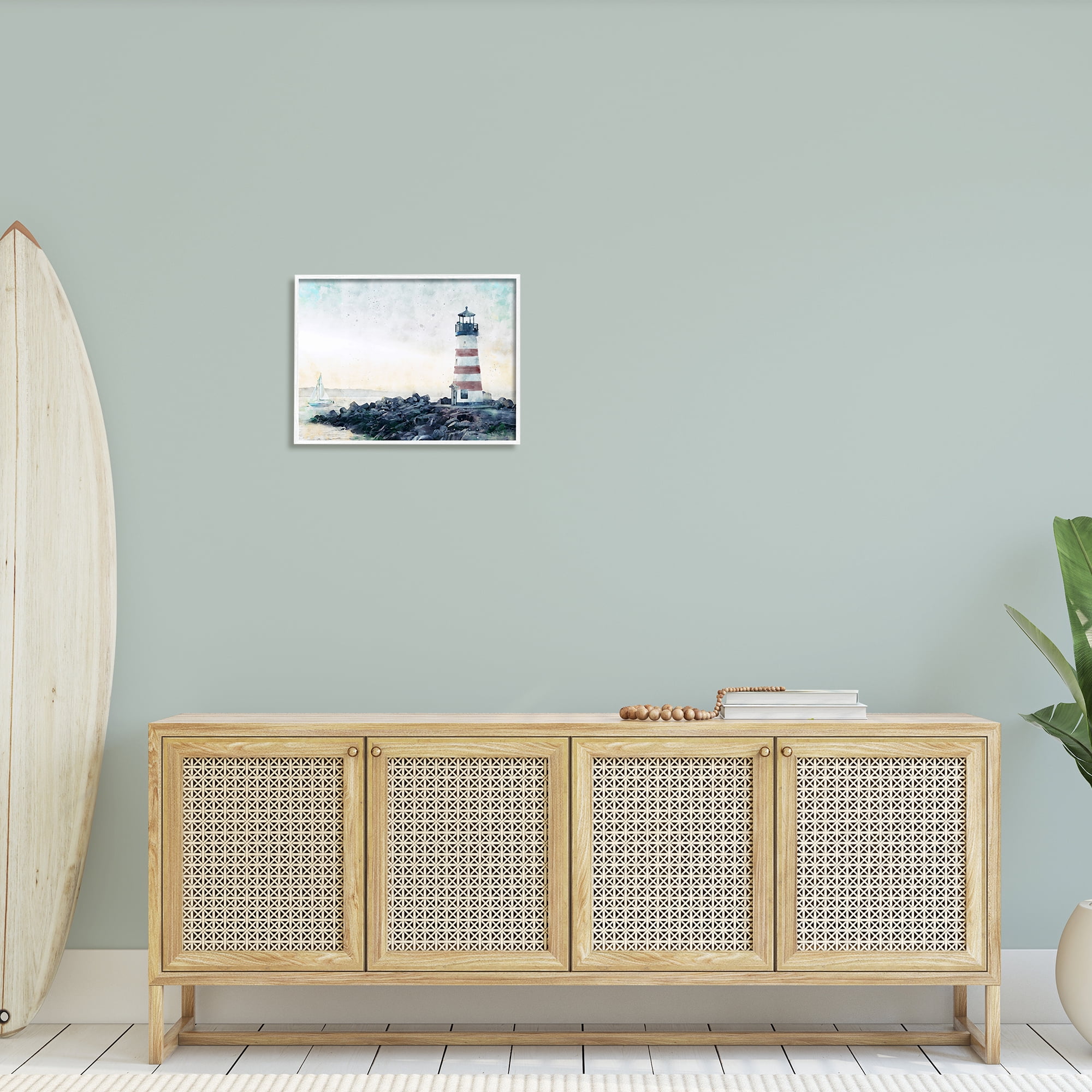 Stupell Industries Red Stripe Lighthouse Rocky Beach Coast Sailboat Waters, 20 x 16,Design by Ziwei Li