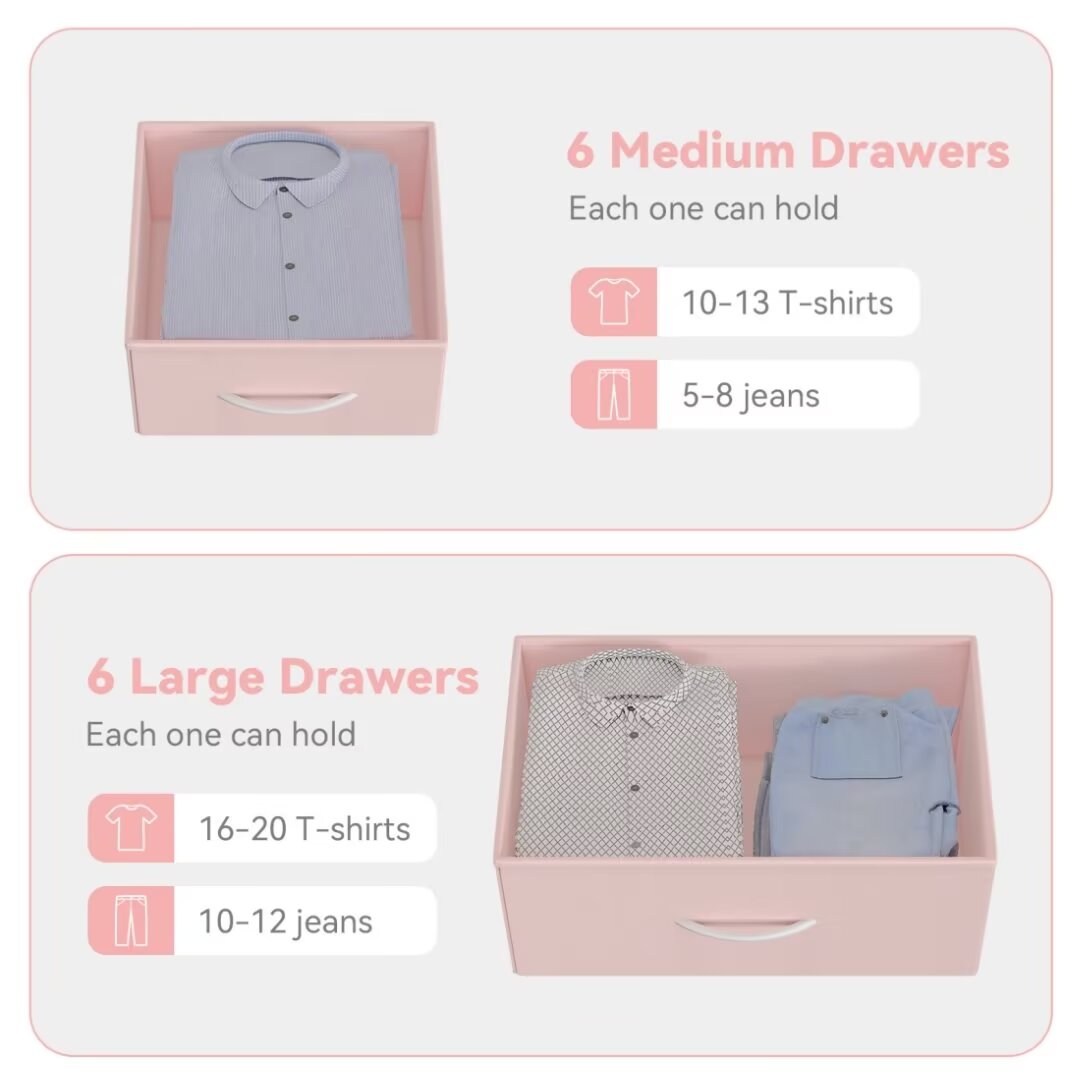 Dresser for Bedroom with 12 Drawers, Wide Fabric Dressers of Drawers with Side Pockets, Chest of Drawers for Living Room, Closet, Hallway, Pink