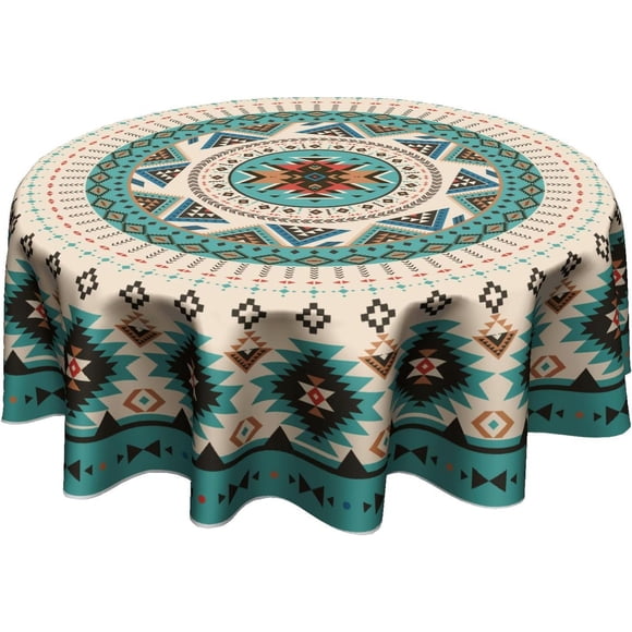 Ethnic Geometric Tablecloth Round 60 Inch Western Southwest Waterproof Table Cover for Home Kitchen Dinner Indoor Outdoor Party Decoration