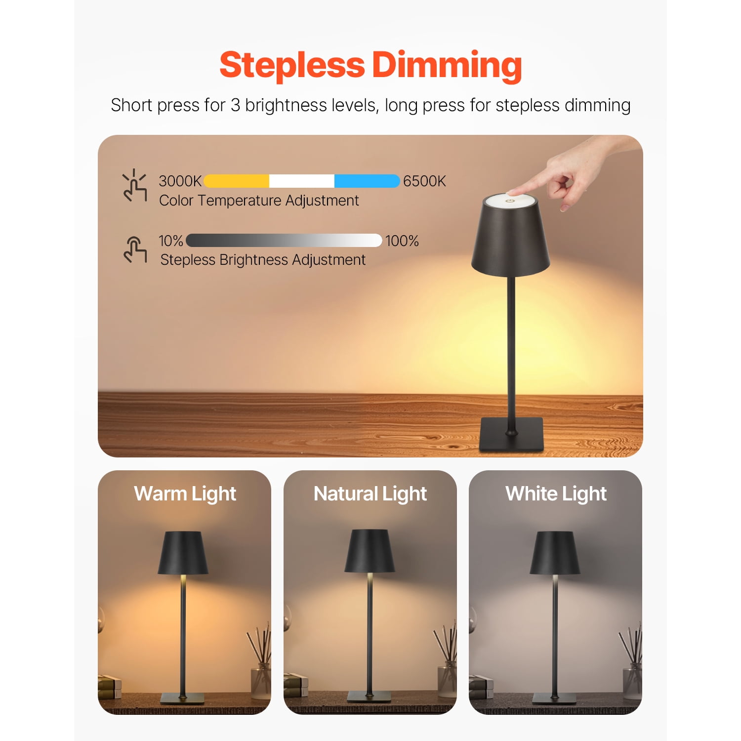 KFFKFF Cordless Table Lamp, Set of 2, Rechargeable 5200mAh Battery, Adjustable 3-Color Dimming, 3000-6500K Color Range, Versatile Lighting for Home, Dining, and Outdoor Use, Black