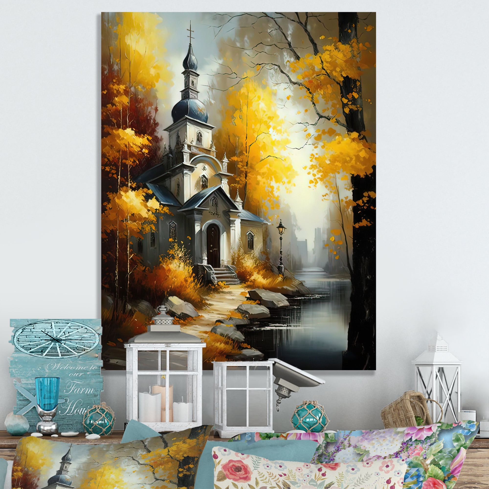Designart Church In Forest In Autumn IV Canvas Wall Art
