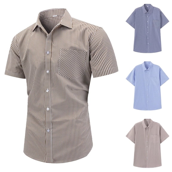 RYDCOT Mens Casual Button Down Shirts Wrinkle Free 4-Way Stretch Dress Shirs Short Sleeve Plaid Summer Cotton Shirts for Men Navy