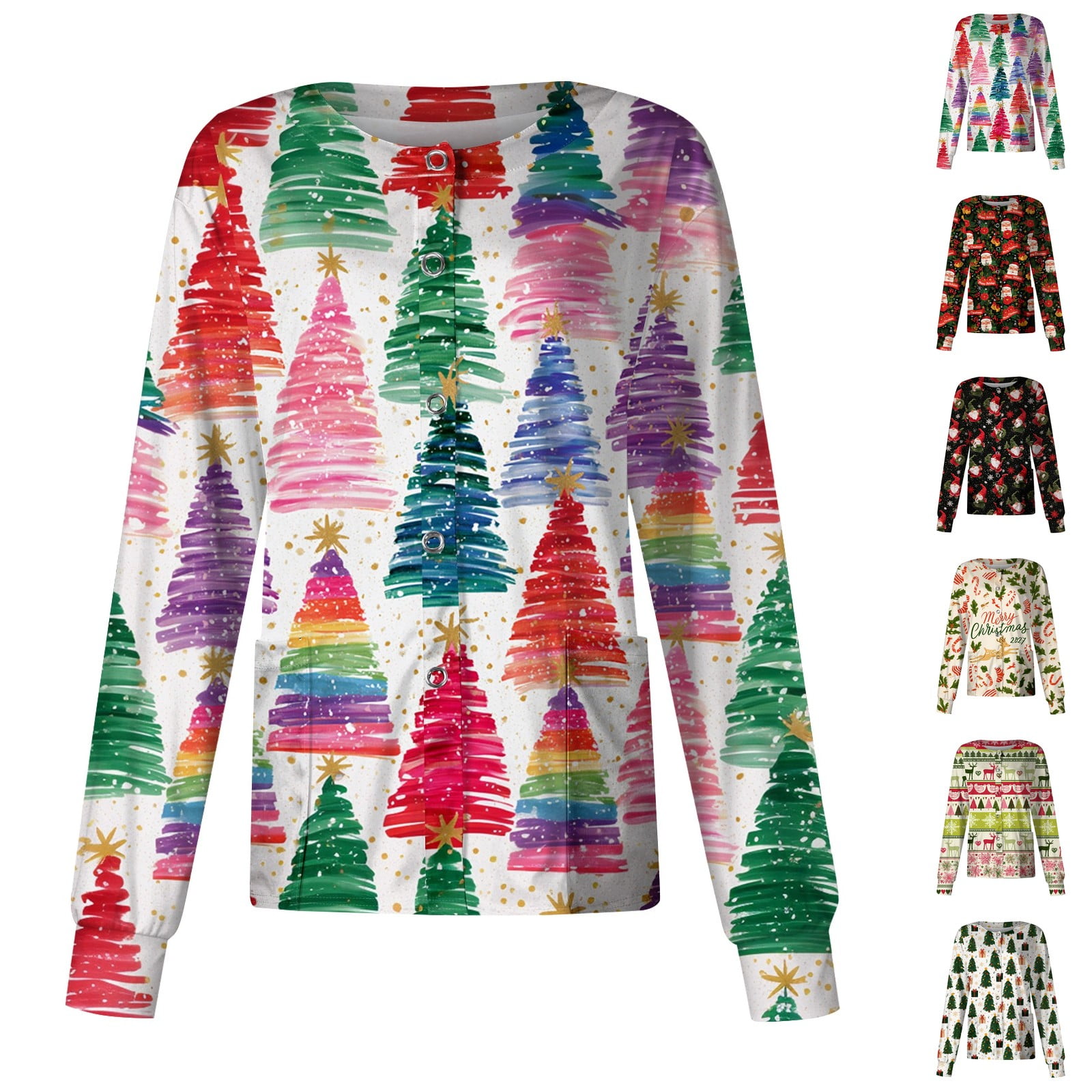 Lumtrix Christmas Scrub Jackets Women Crew Neck Long Sleeve Nursing Scrubs Stretchy Funny Print Nursing Jackets with Pocket Sky Blue L