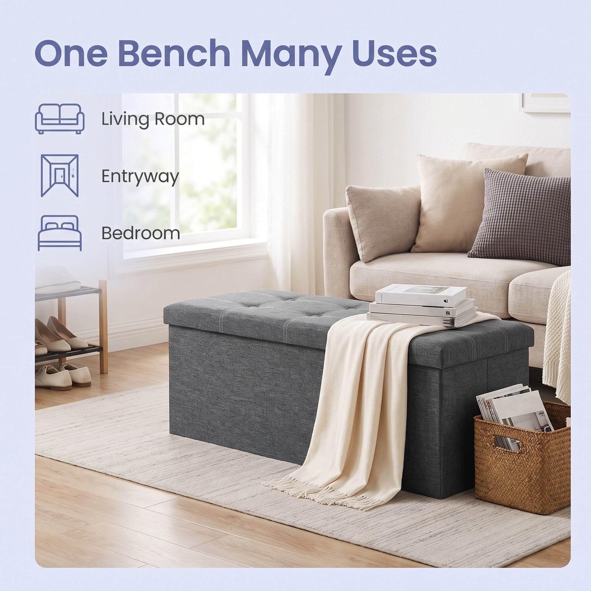 Ledrem Extra Large Storage Ottoman Bench, Dark Gray Linen-Look Fabric, 43" Wide, 35 Gal Capacity, 660 lb Weight Capacity