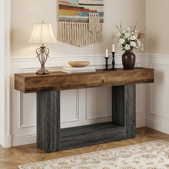 63" Farmhouse 2-Tier Console Table, U-Shaped Base Entryway Table, Narrow Wood Sofa Table Behind Couch for Living Room & Hallway (Vintage Brown & Gray)