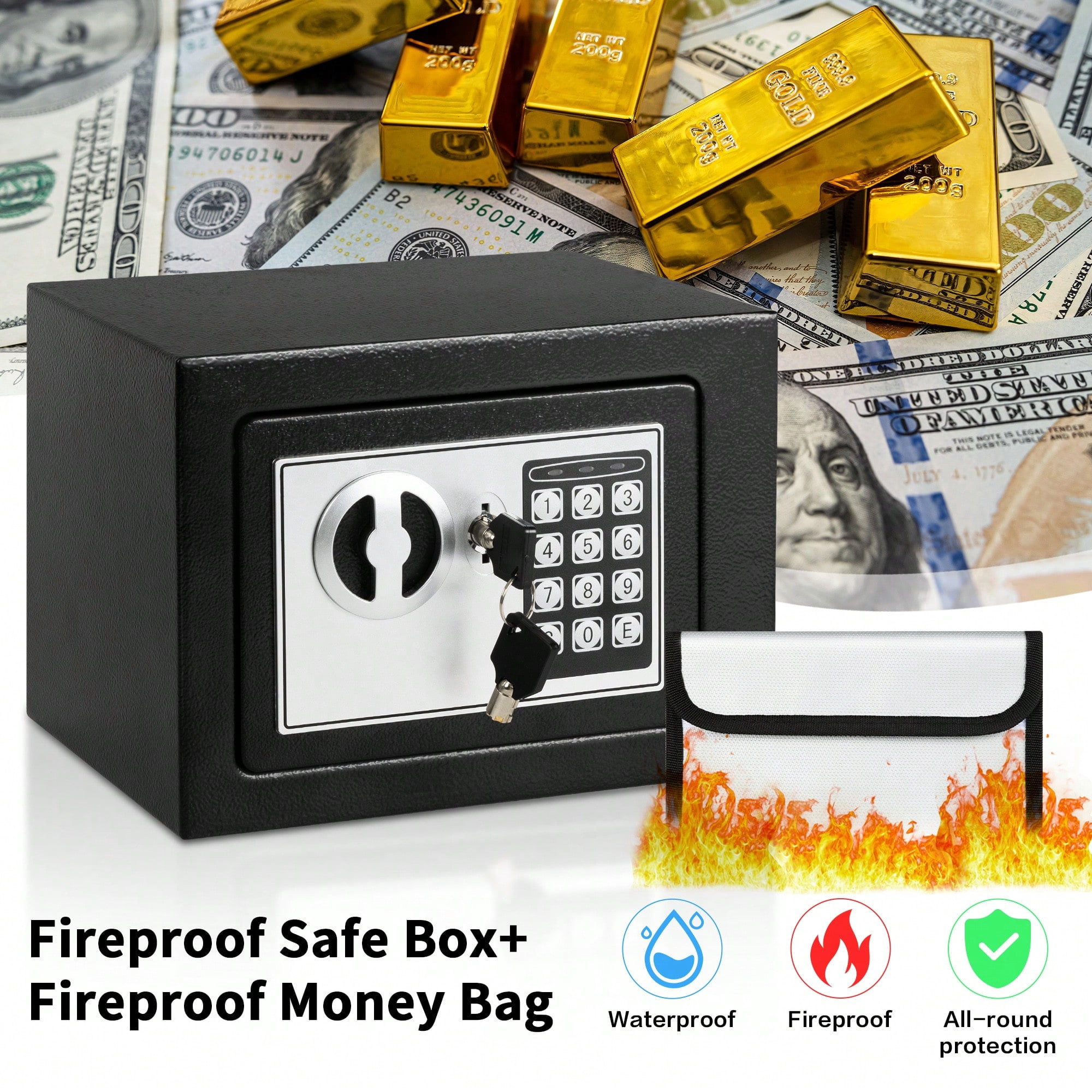 Deli 0.2 Cubic Black Safe Box, Electronic Digital With Fireproof Money Bag For Home And Office