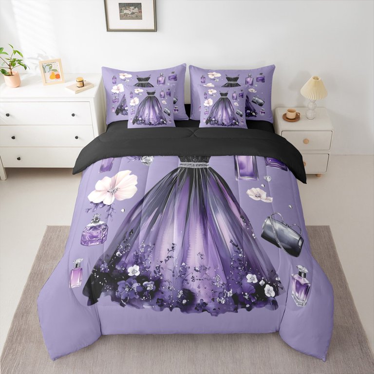 princess dress bedspread Feelyou Purple Princess Dress Bedding Comforter Set 7pcs, Dreamy Fairy Tale Queen Bedding Sets, Female Girls Kids Reversible Queen Sheet Sets, Lightweight Room Decor