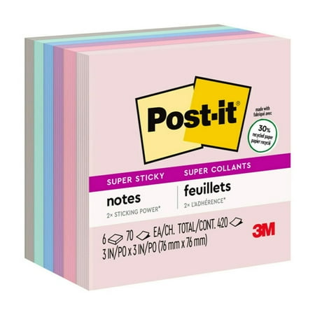 Post-it Recycled Super Sticky Notes, 3 in x 3 in, Wanderlust Pastels , 6 Pads