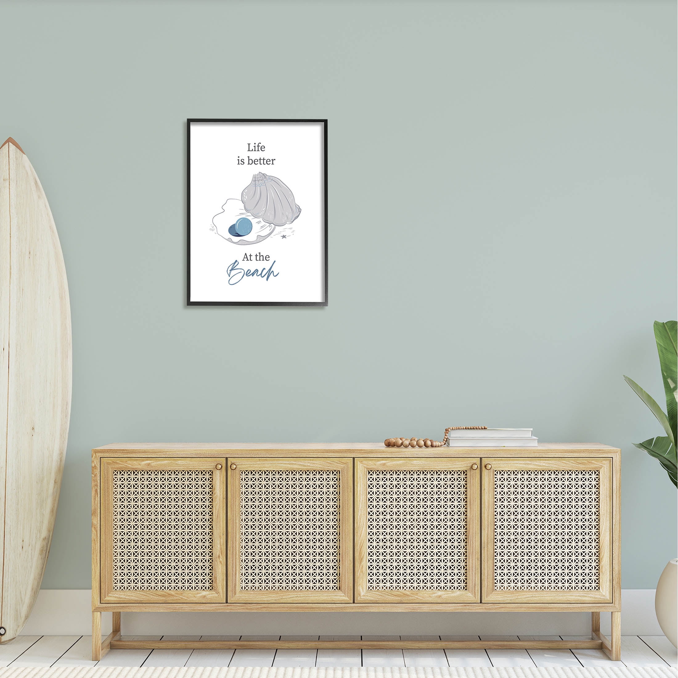 Life Better At Beach Clam Pearl Animals & Insects Graphic Art Black Framed Art Print Wall Art