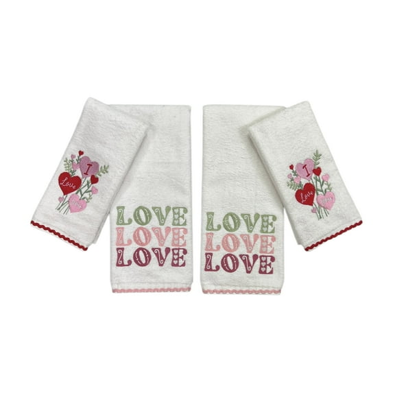 Serafina Home Decorative Valentine Theme Embroidered Bath Hand And Fingertip Heart Towel Set: I Love You Hearts Bouquet Towels, Pink Red Green