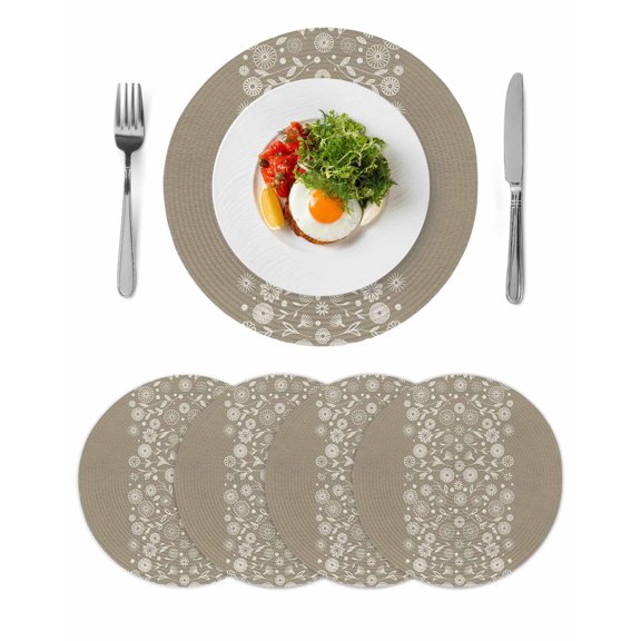 Japanese Round 15 Inch Placemats Set of 4, Grey Simple Traditional Flowers Leaves Pattern HeatResistant Non Slip Place Mats for Dining Table, Wipeable Braided Kitchen Table Mats for Housewarming