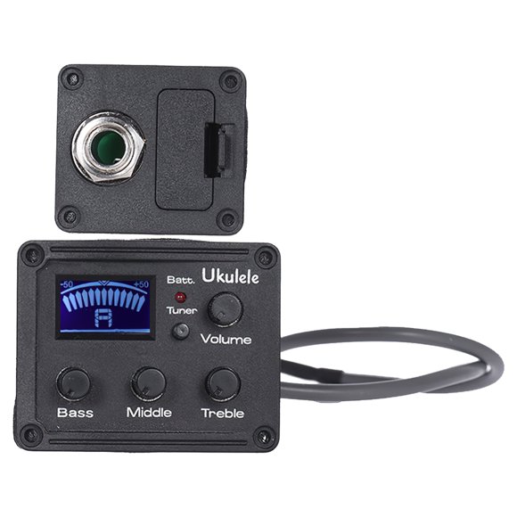 QUMIIRITY Ecualizador Pre-Amplificador Piezo Para Ukelele Con Tuner LCD Pantalla Y Control De 3 Bandas Color Negro