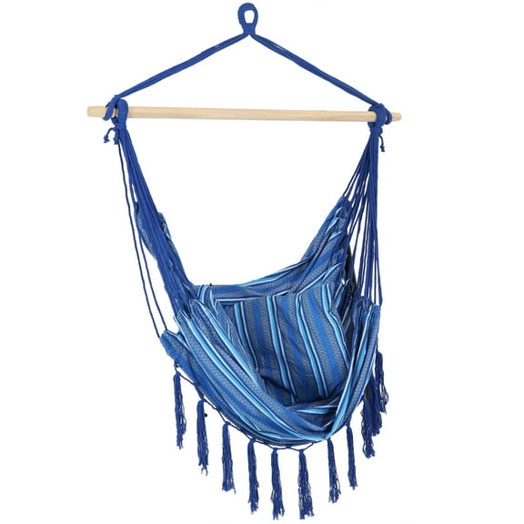 Sunnydaze Polyester Indoor or Outdoor Hammock Hanging Chair with Tassels, Cornflower Stripes