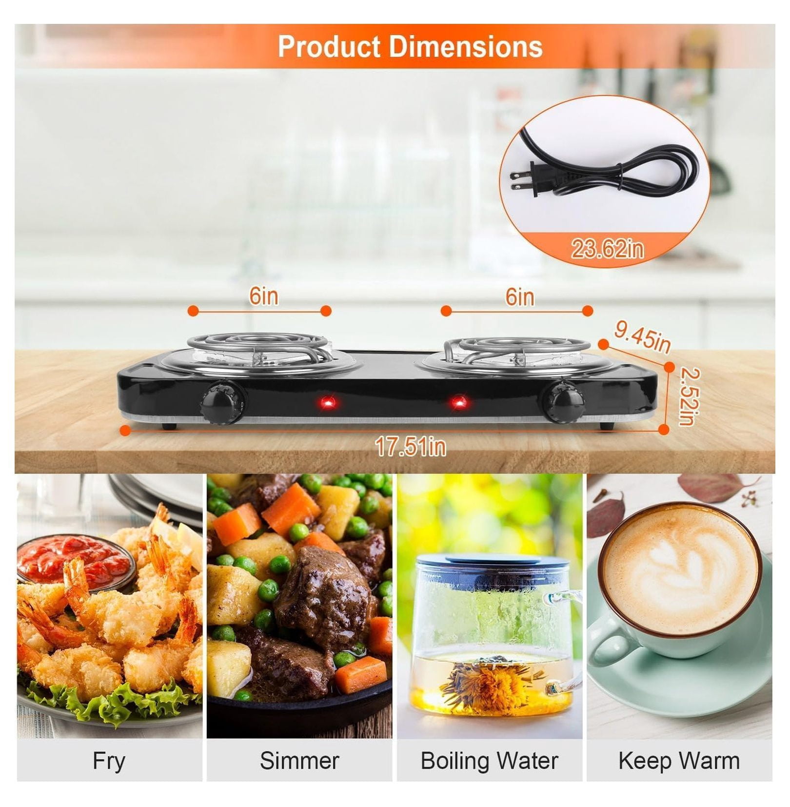 Hot Plate Electric Stove, 2000W Portable Dual Burner Cooktop - 5 Temp Control, Cast Iron, for Home, RV, Camping & All Cookware