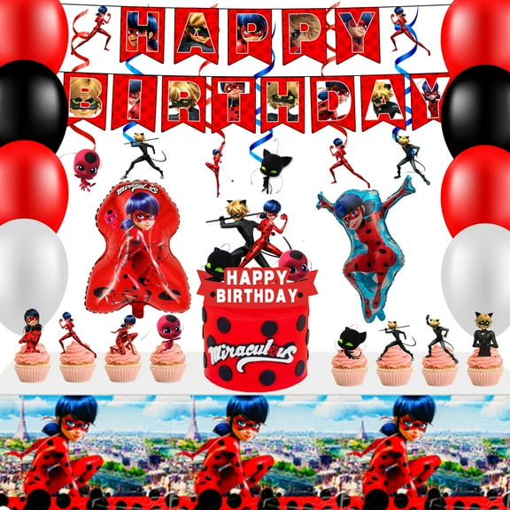 Miraculous Ladybug Party Decorations, Miraculous Ladybug Birthday Decorations Set-Miraculous Ladybug Banner Ballons &  Tablecloth etc Miraculous Ladybug Theme Party Decorations for Girls