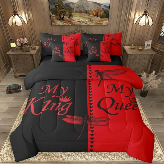 Manfei King and Queen 7-Piece Twin Bedding Sets, Romantic Valentines Day Bedding Comforter Set, Black Red Love Heart Reversible Sheet Sets, Microfiber Bedroom Decor