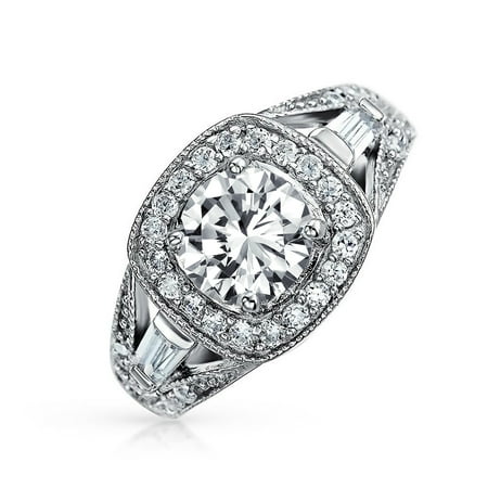 - Art Deco Style 2CT Square Cushion Cut Solitaire 925 Sterling Silver Pave Halo CZ Engagement Ring Split Baguette Band