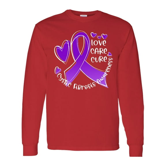 Inktastic Love, Care, Cure Cystic Fibrosis Awareness Purple Ribbon Long Sleeve T-Shirt