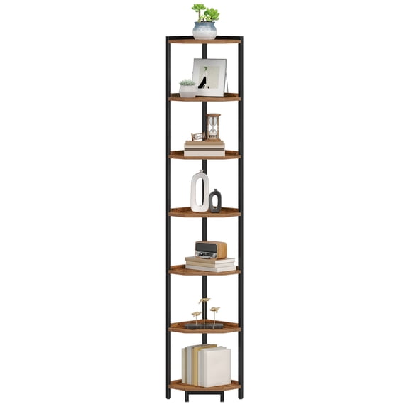 Hzuaneri Corner Shelf Stand, 7‑Tier Corner Bookshelf, Storage Standing Shelf for Living Room Bedroom Home Office, Rustic Brown