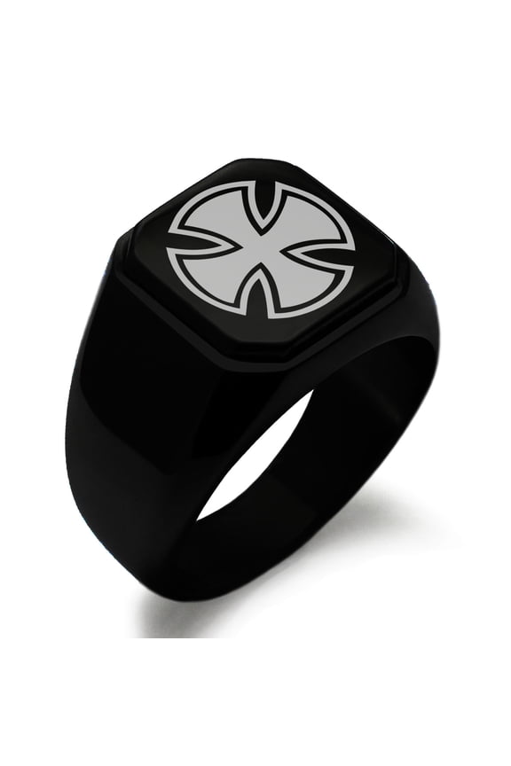 Stainless Steel Pattee Iron Cross Circlet Engraved Square Flat Top Biker Style Polished Signet Ring