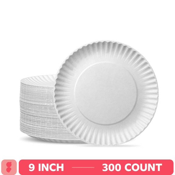 GUSTO 9 Inch Paper Plates Bulk Pack White Disposable Plates Heavy Duty, 300-Pack
