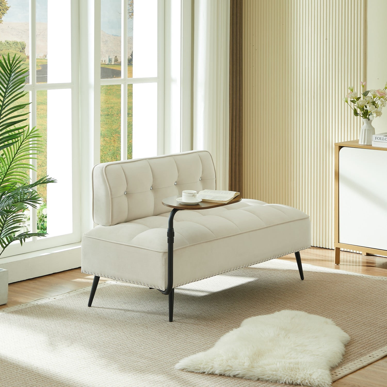 54-Inch Modern 2 Seater Velvet Sofa with 360 Rotating Side Table, Upholstered Couch with Nailhead Trim for Living Room Bedroom Apartment, Beige