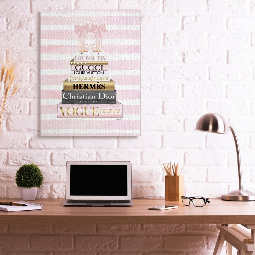 Stupell Industries Glam Fashion Heals with Bookstack and Pink Stripes Designed by Amanda Greenwood