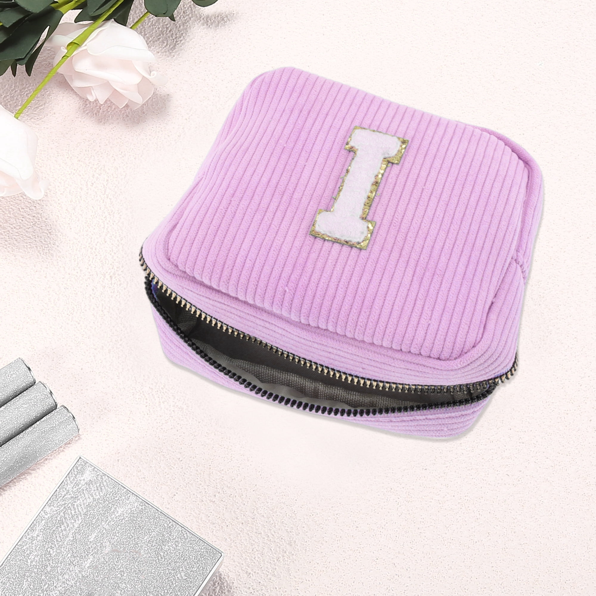 Unique Bargains 1 Pc Letter I Pattern Makeup Bag for Travel with Zipper Pink Purple