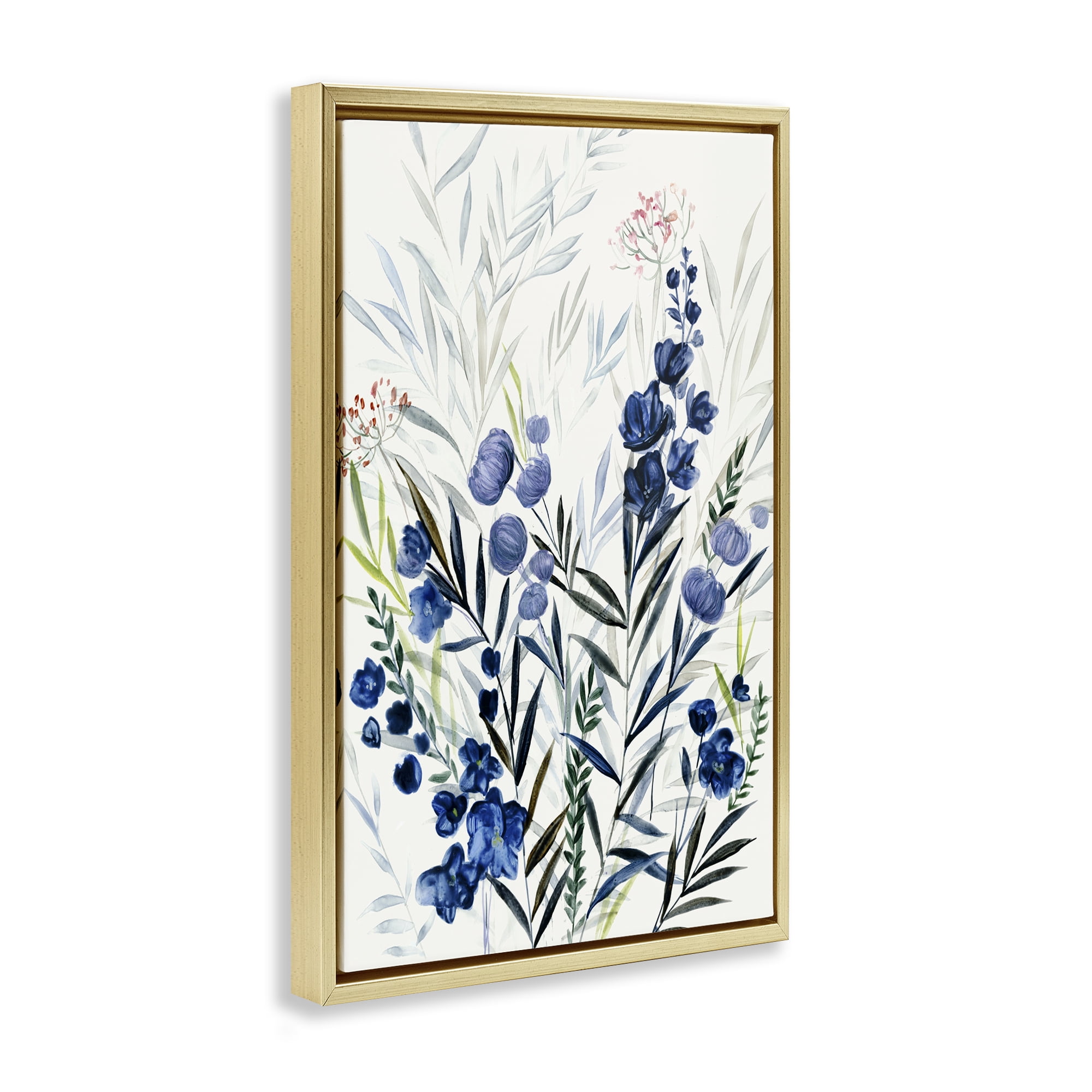 Stupell Industries Varied Indigo Herbs Plants & Flowers Painting Gold Floater Framed Canvas Art Print Wall Art, 21 x 31