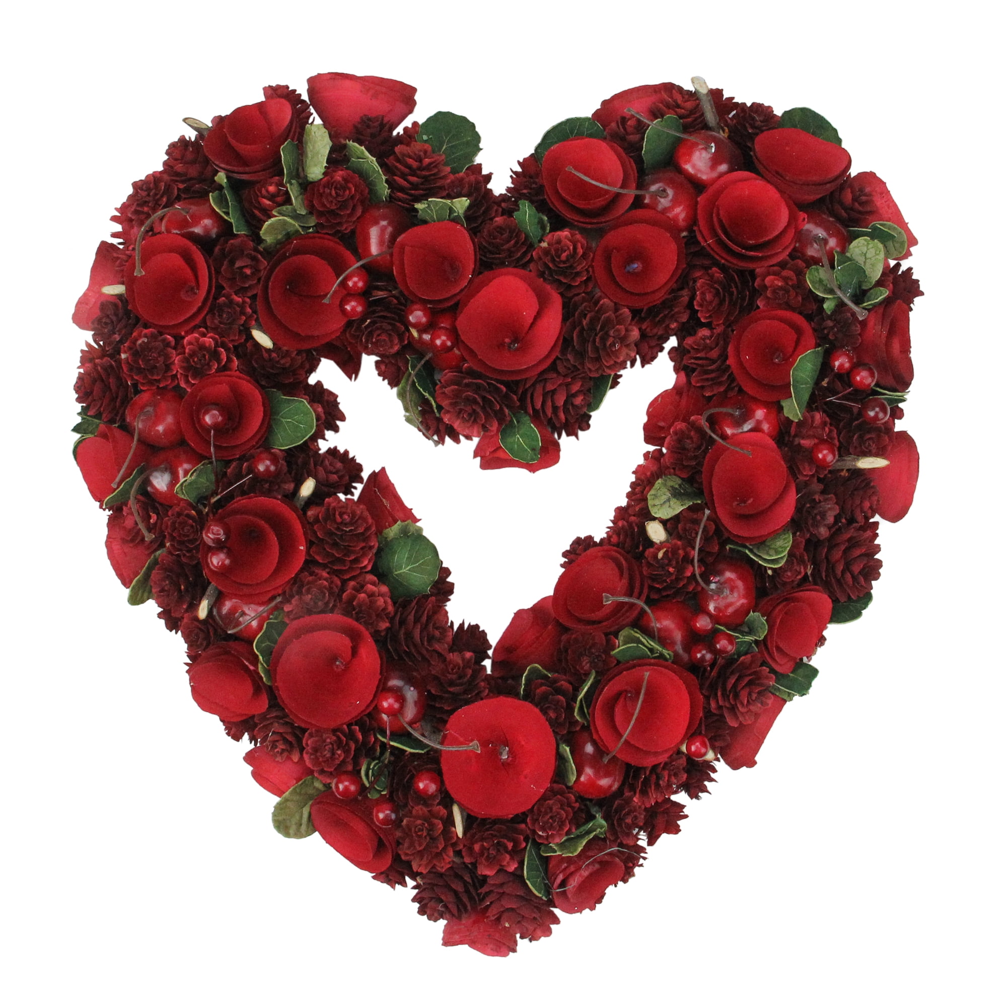 13.75" Rose, Pine Cone and Cherry Heart Shaped Valentine’s Day Wreath