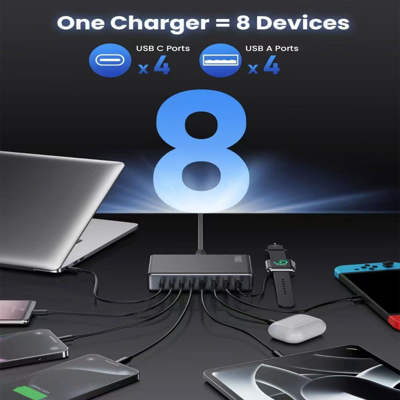 BALoFI 200W USB C Charger Block, Upgraded GaN III 8-Port Fast Charging Station Hub, 65W PD Laptop Charger Compatible with MacBook Pro/Air, Dell, Steam Deck, Galaxy S23/S22