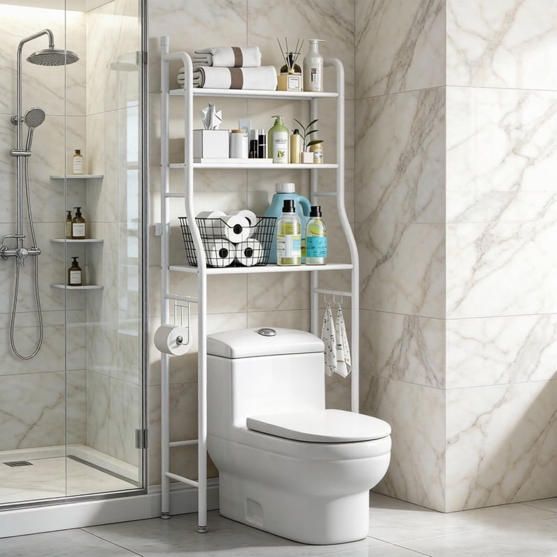 61.02"H Over-Toilet Storage Metal Rack with Shelf & Hooks, Bathroom Storage Shelf Unit Organizer with Paper Holder