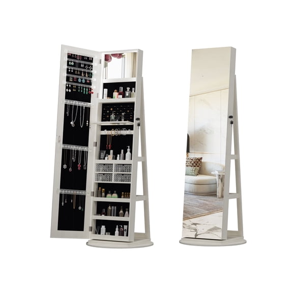 360°Swivel Jewelry Cabinet, Lockable Jewelry Organizer with Full Length Mirror, 360°Rotating Standing Jewelry Armoire, Rear Storage Shelves, Interior Lighted Mirror, Jewelry Armoire, Gift Idea