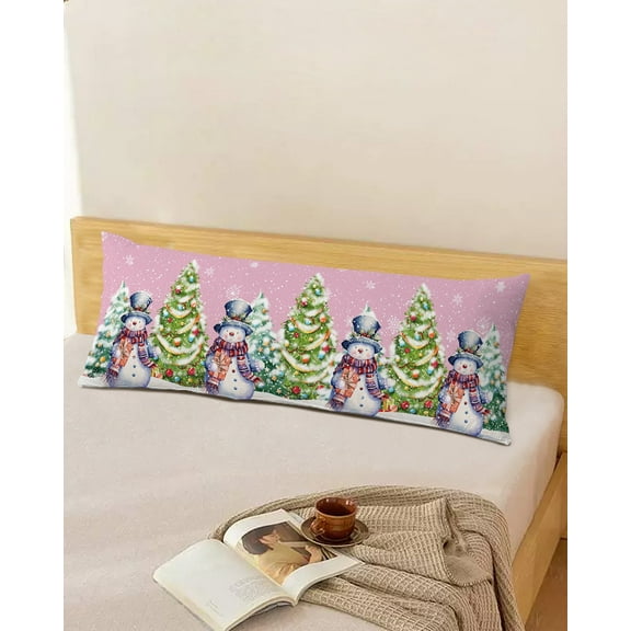 Pink Christmas Throw Pillow Cover, Snowman Xmas Watercolor Snowflakes Rectangle Decorative Pillow Case Protector Soft Cushion Cover Lumbar Pillowcase for Couch Sofa Bedroom Car Chair Decor 20x54 Inch