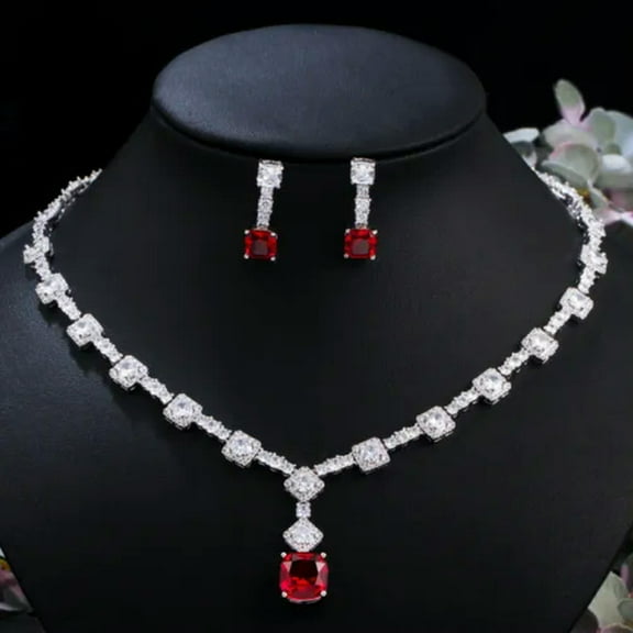 White CZ Round Square Party Earrings and Necklace Jewelry Set for Brides Wedding