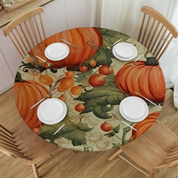 HAOXIT Elastic Edged Flannel Backed Fitted Table Cover - Pumpkin All Over Pattern - Round 31-35