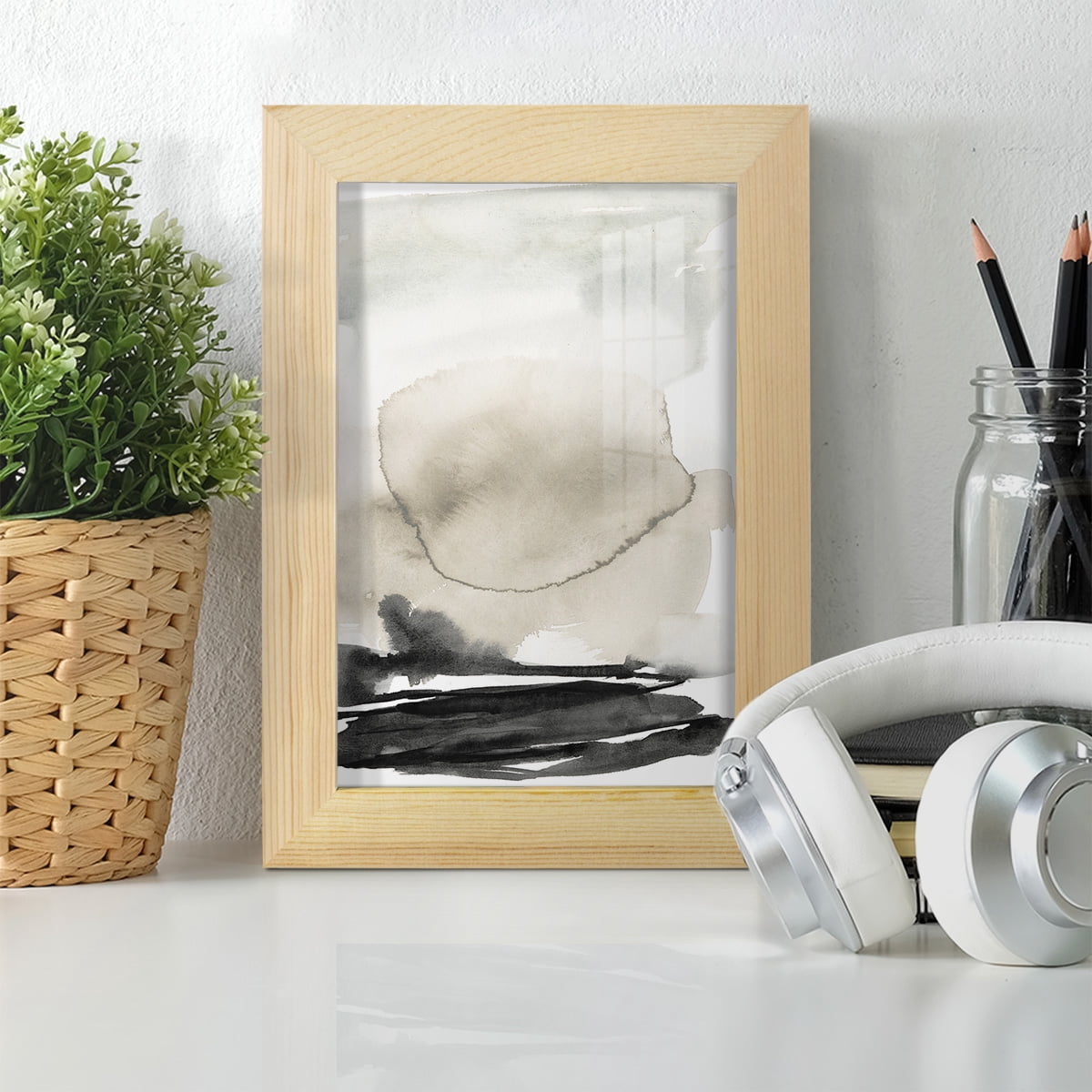 Ebony Horizon Triptych II - Framed Print w/glass - Natural Wood